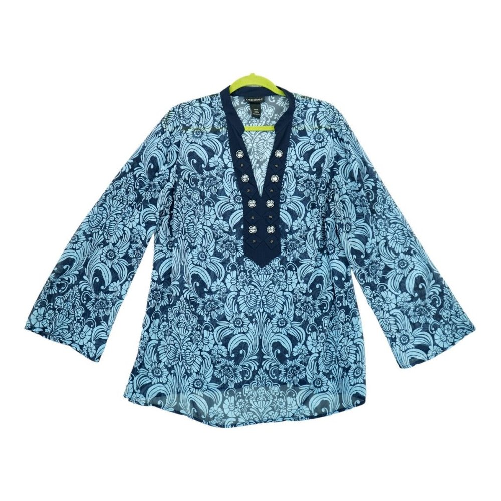 Lane Bryant Size 14/16 Blue Floral Print‎ Long Sleeve V-Neckline Blouse Top